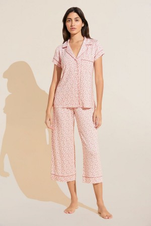 Dark Red Pink White Women Eberjey Gisele Printed TENCEL™ Modal Short Sleeve Cropped PJ Set Pajamas | EWH8154XM