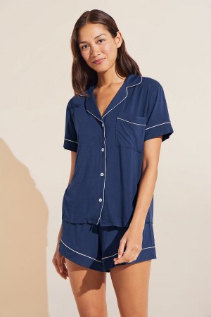 Navy White Women Eberjey Gisele TENCEL™ Modal Relaxed Short PJ Set Pajamas | SZC8434GW