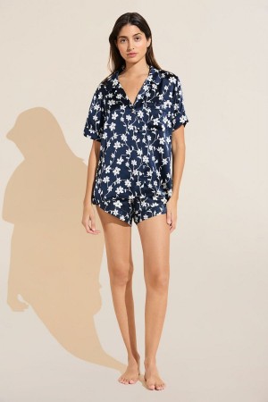 Navy White Women Eberjey Inez Washable Silk Printed Short PJ Set Pajamas | YKE5973IP