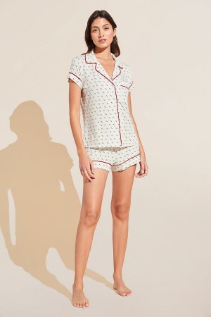 White Red Women Eberjey Gisele Printed TENCEL Modal Shortie Short PJ Set Pajamas | ZAR590ZV