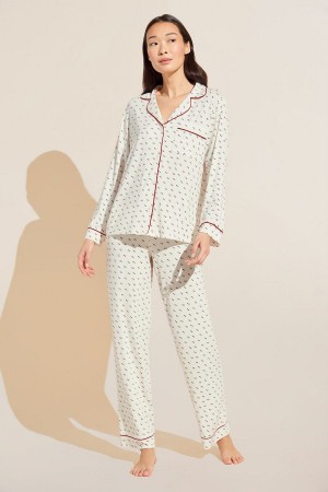 White Red Women Eberjey Gisele Printed TENCEL Modal Long PJ Set Pajamas | NCY9597UC