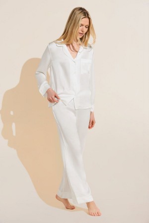 White Women Eberjey Inez Textured Washable Silk Long PJ Set Pajamas | EGV9129ZX