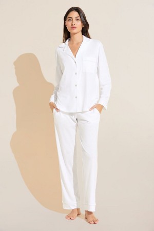 White Women Eberjey Organic Pima Cotton Notch Collar Top & Pant PJ Set Pajamas | LRZ3746TO