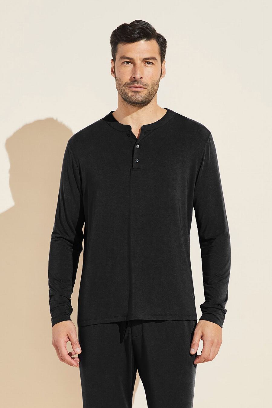 Black Men Eberjey Henry TENCEL™ Modal Long Sleeve Henley Tops | HQF8768VN