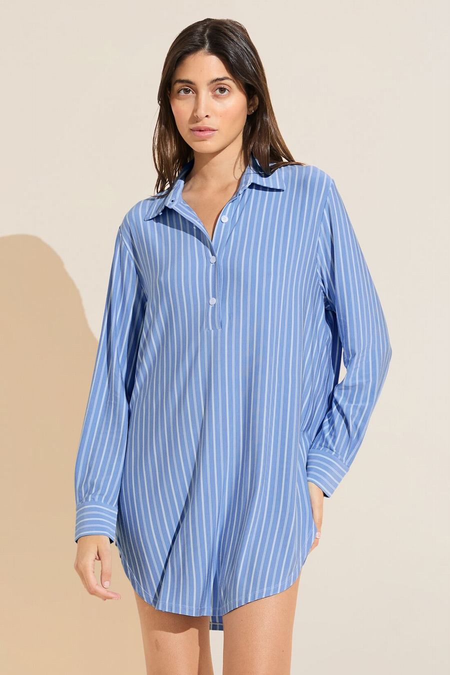 Blue White Women Eberjey Gisele Printed TENCEL™ Modal Boyfriend Sleepshirt Pajamas | FPQ4493XY