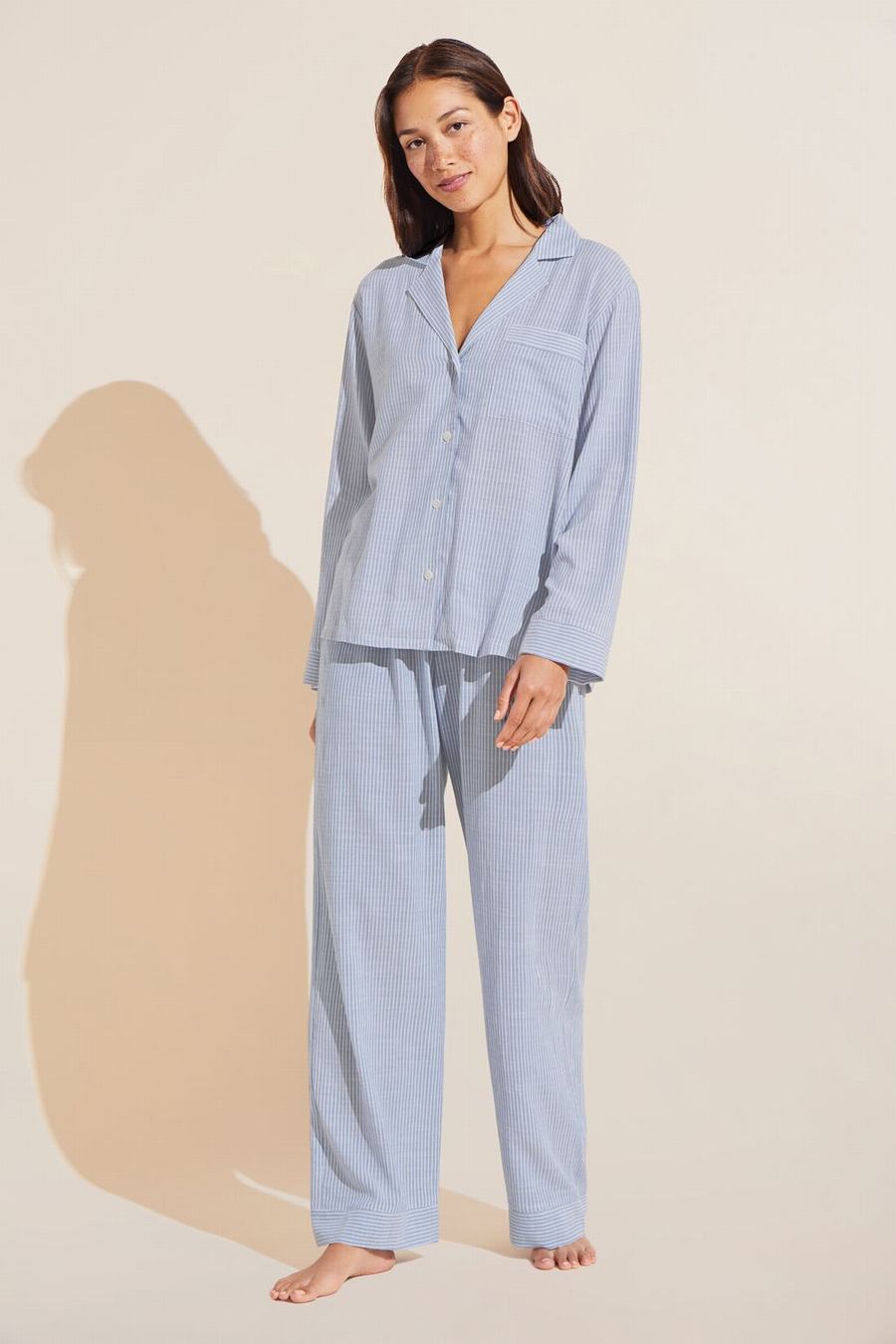 Blue White Women Eberjey Nautico Long PJ Set Pajamas | UPA7566FB