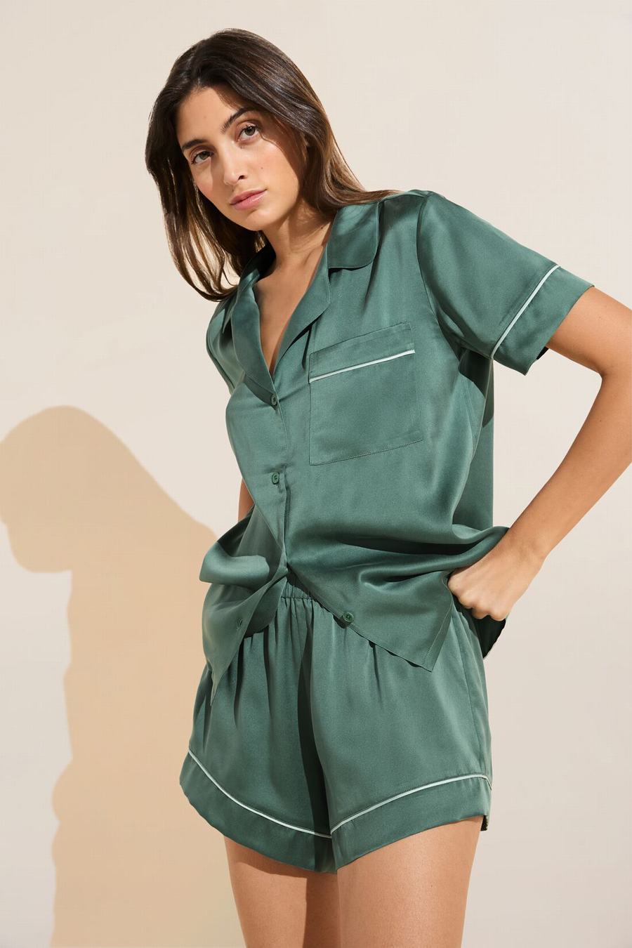 Dark Green Women Eberjey Inez Washable Silk Short PJ Set Pajamas | BEI4670HD