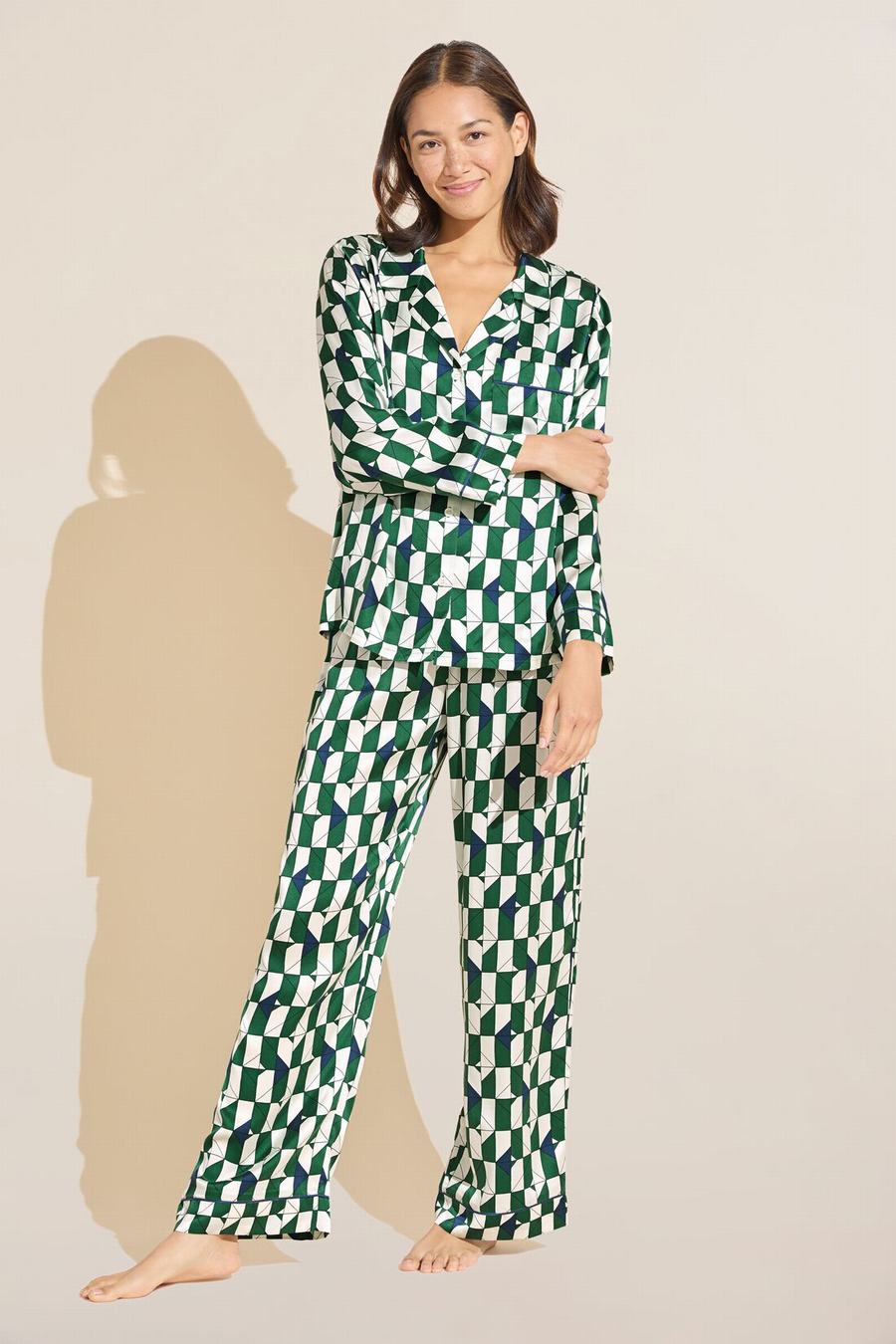 Green Navy White Women Eberjey Inez Washable Silk Printed Long PJ Set Pajamas | NLN5055NJ