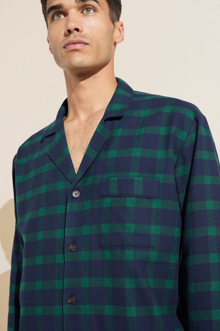 Navy Green Men Eberjey Flannel Long PJ Set Pajamas | QEQ6680FY