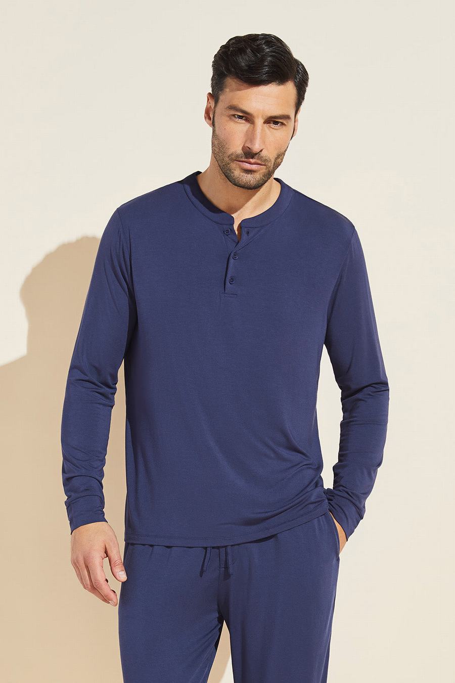 Navy Men Eberjey Henry TENCEL™ Modal Long Sleeve Henley Tops | UZZ76CN