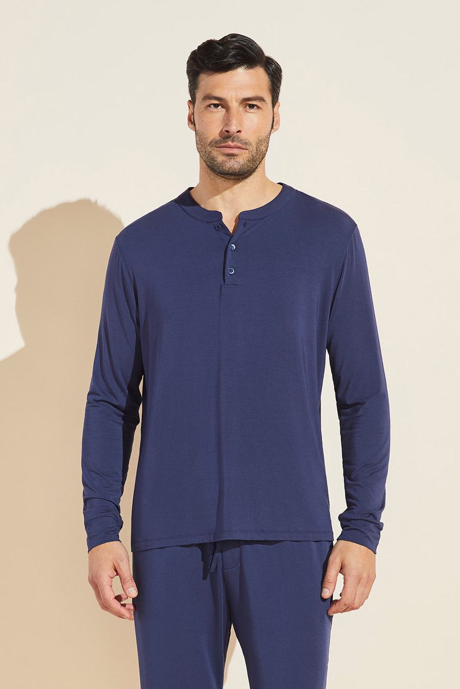 Navy Men Eberjey Henry TENCEL™ Modal Long Sleeve Henley Tops | UZZ76CN