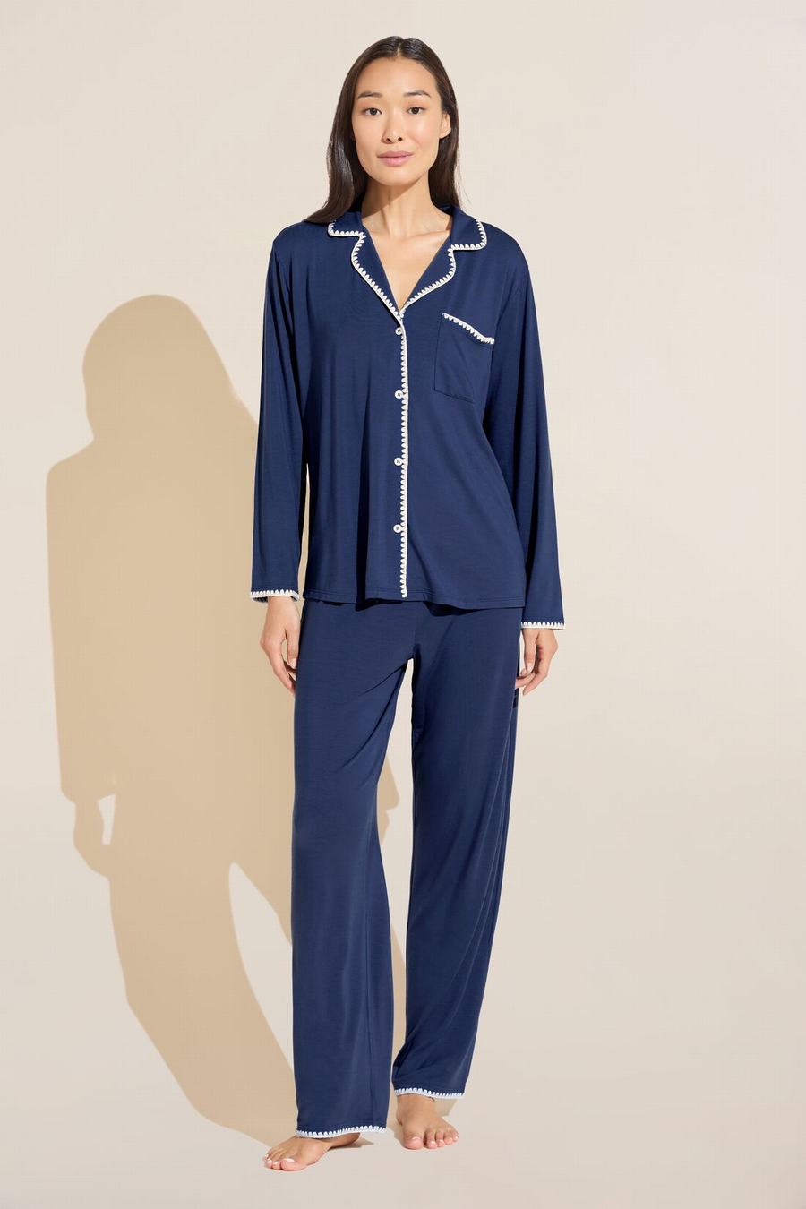 Navy White Women Eberjey Frida TENCEL™ Modal Long PJ Set Pajamas | QWG7235CM