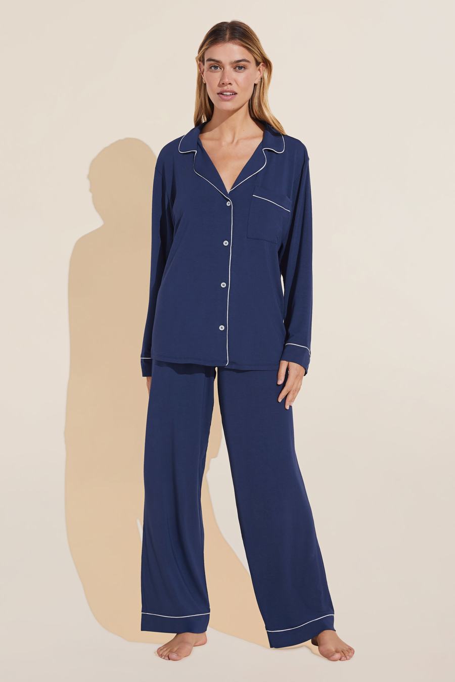 Navy White Women Eberjey Gisele TENCEL™ Modal Long PJ Set Pajamas | MAS8144EZ