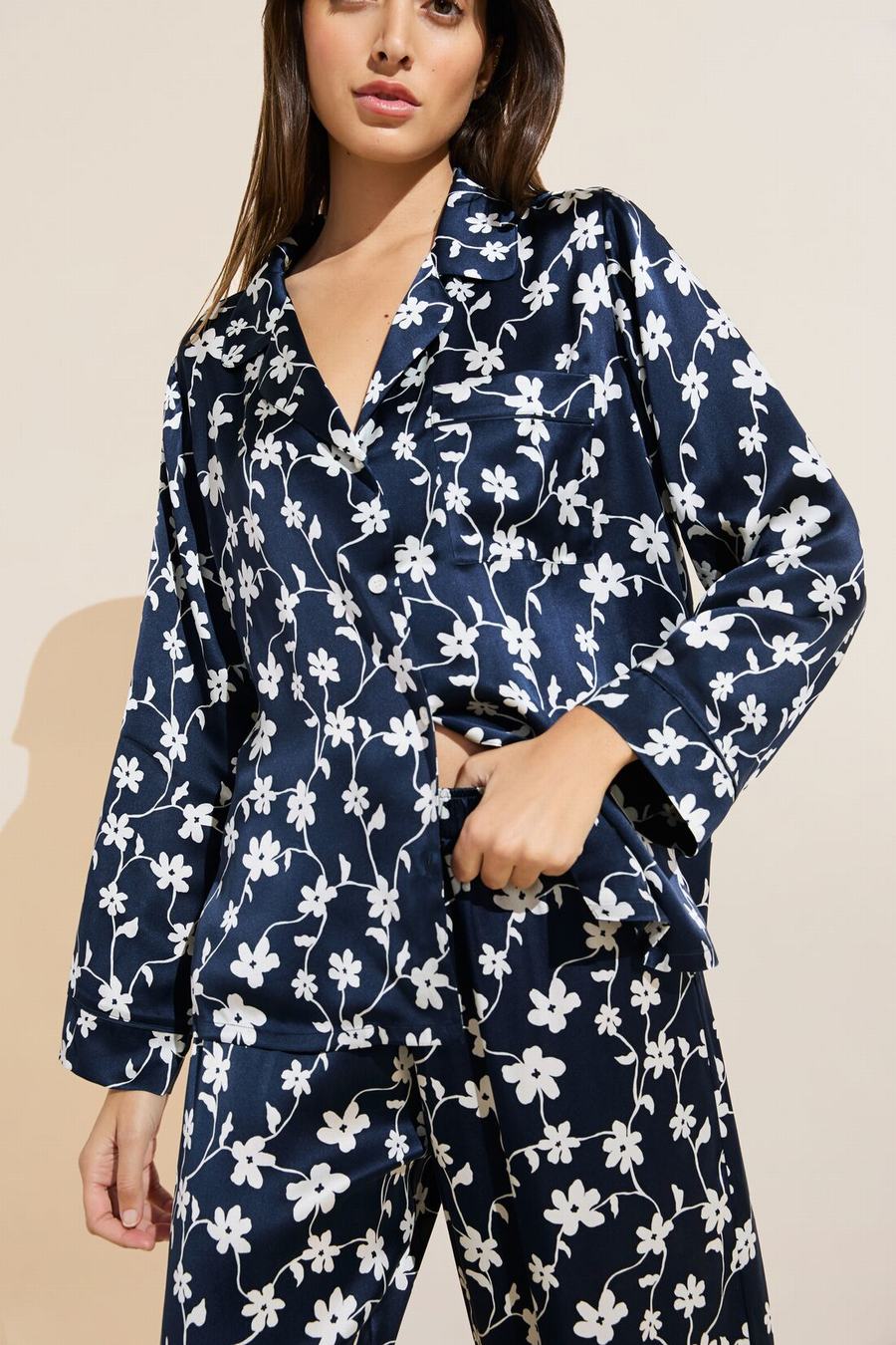 Navy White Women Eberjey Inez Washable Silk Printed Long PJ Set Pajamas | LVD3020BZ