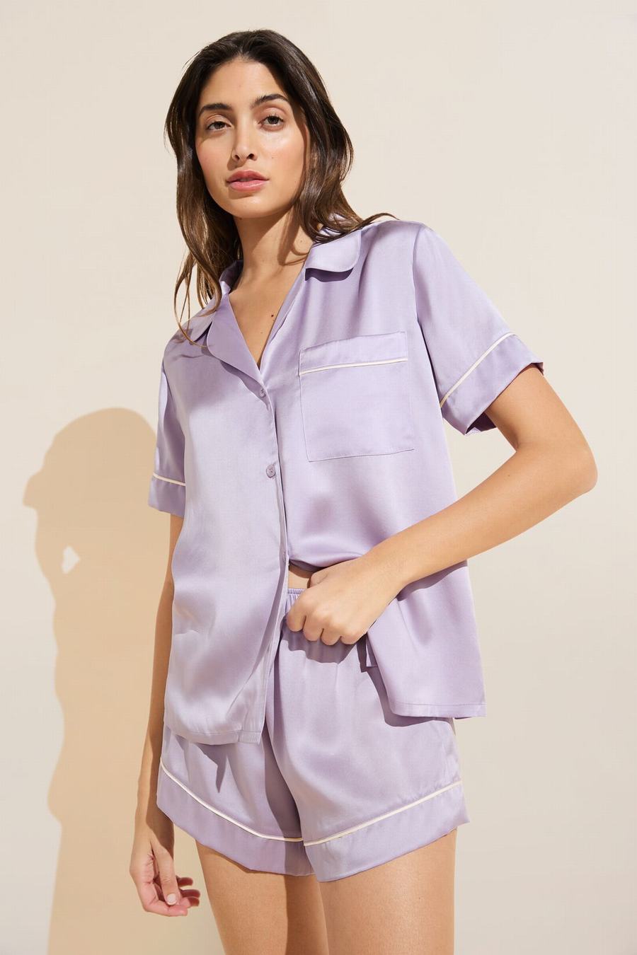 Purple White Women Eberjey Inez Washable Silk Short PJ Set Pajamas | EIH4484EB