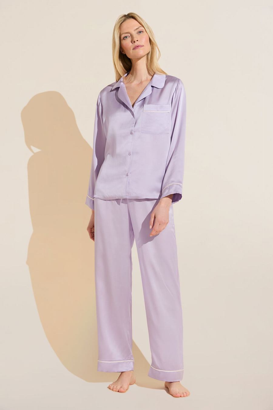 Purple White Women Eberjey Inez Washable Silk Long PJ Set Pajamas | FED2433EU