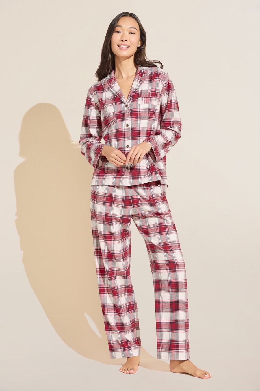 Red White Women Eberjey Flannel Long PJ Set Pajamas | PBL2794LL