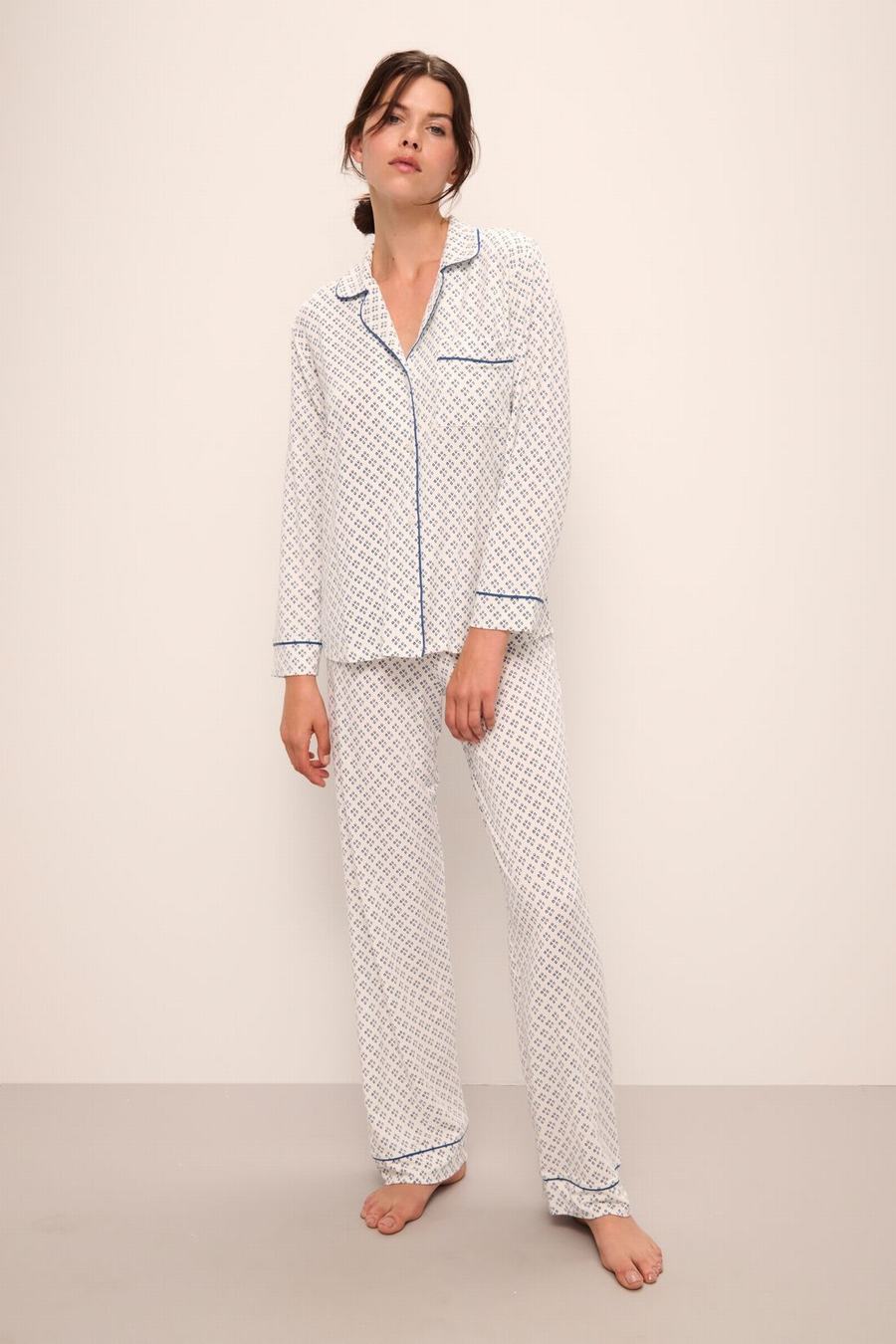 White Blue Women Eberjey Gisele Printed TENCEL™ Modal Long PJ Set Pajamas | LYP7512VE