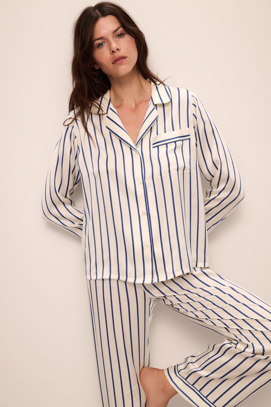 White Blue Women Eberjey Inez Washable Silk Printed Long PJ Set Pajamas | XSQ795OF