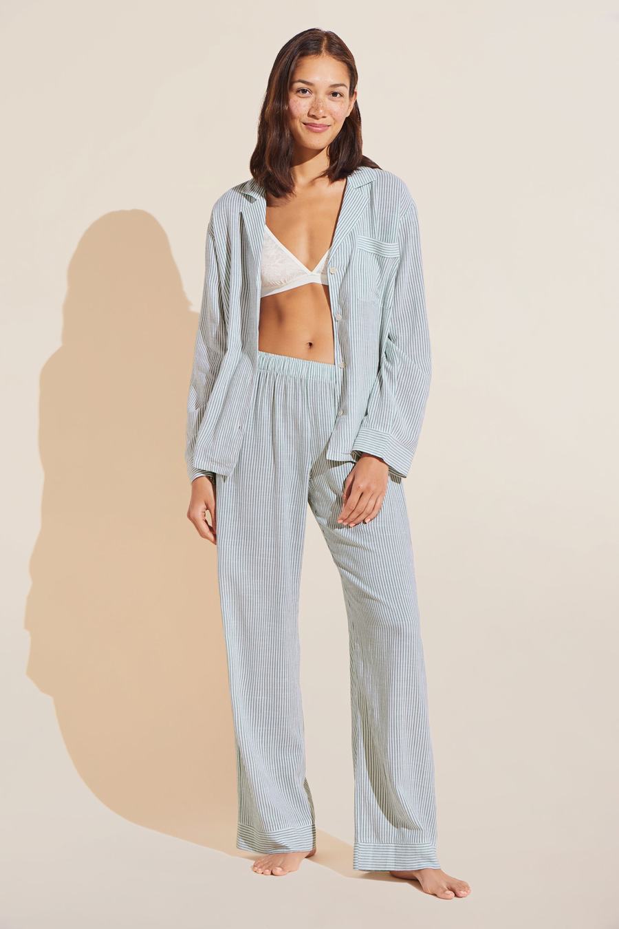 White Green Women Eberjey Nautico Long PJ Set Pajamas | UBL8171SY