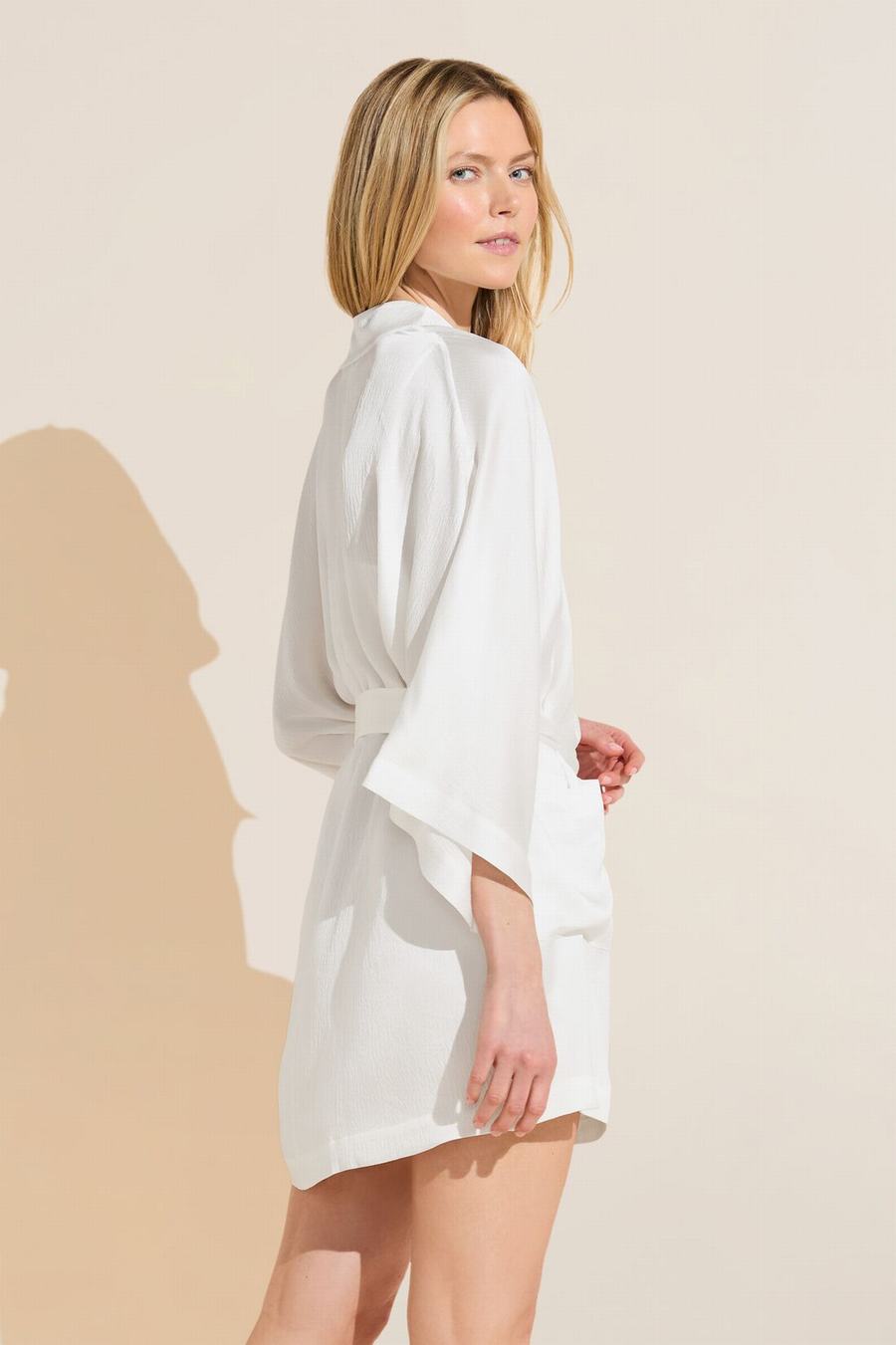 White Women Eberjey Inez Textured Washable Silk Short Robe | IUM2012SF