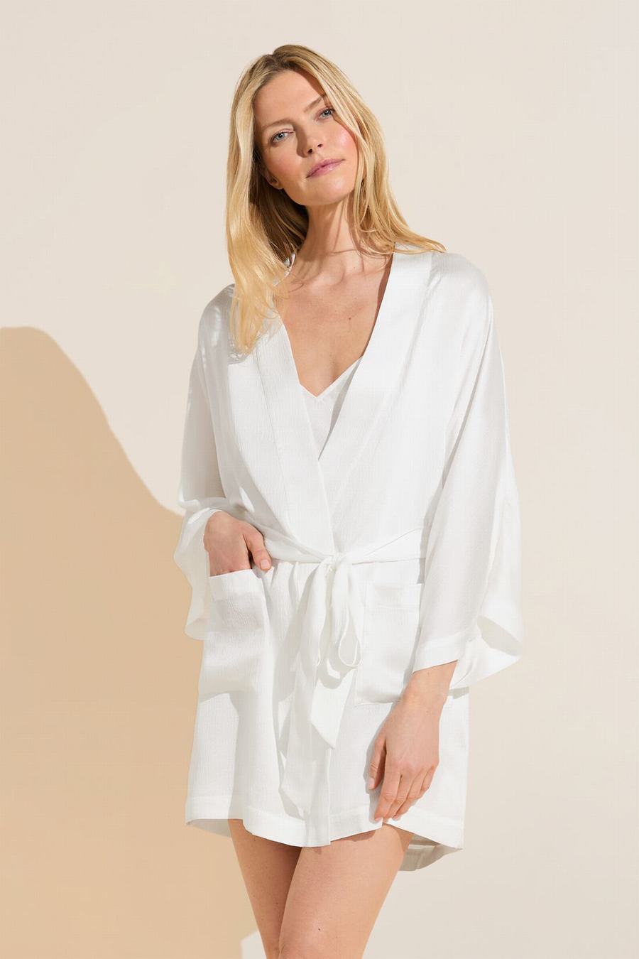 White Women Eberjey Inez Textured Washable Silk Short Robe | IUM2012SF